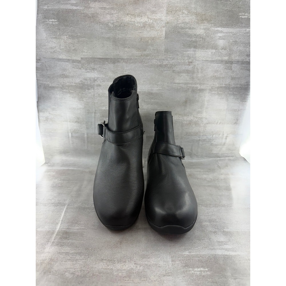 Skechers Women Black Leather Ankle Boots Buckle Strap Memory Foam 167387 Sz 9.5